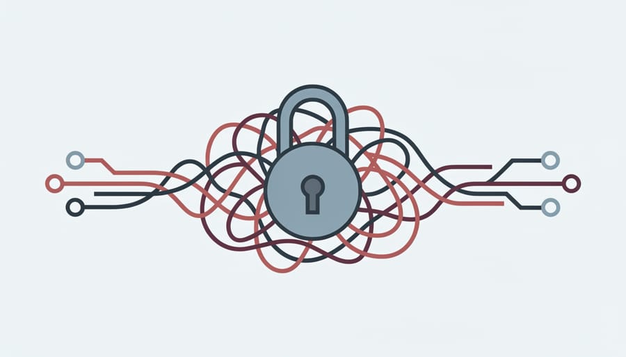 Padlock and tangled ethernet cables on a dark surface