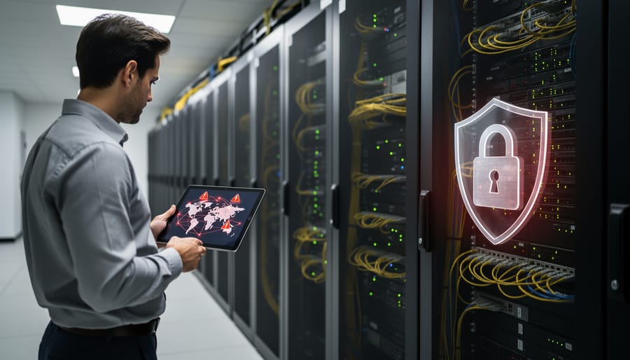 Dark server rack with blinking indicator lights and visible network cables