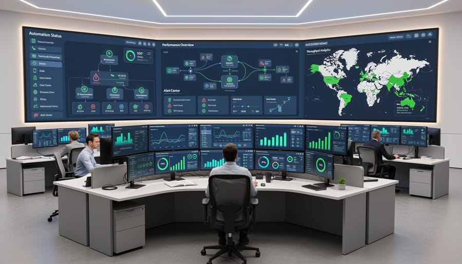 Advertising team viewing glowing displays in a modern control room, representing automated SEM management