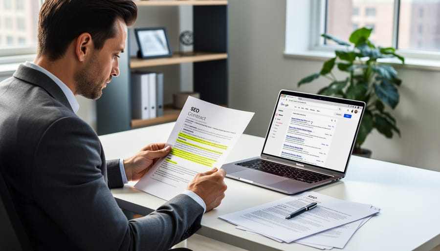 Business owner reviewing an SEO contract while checking search results on a smartphone.