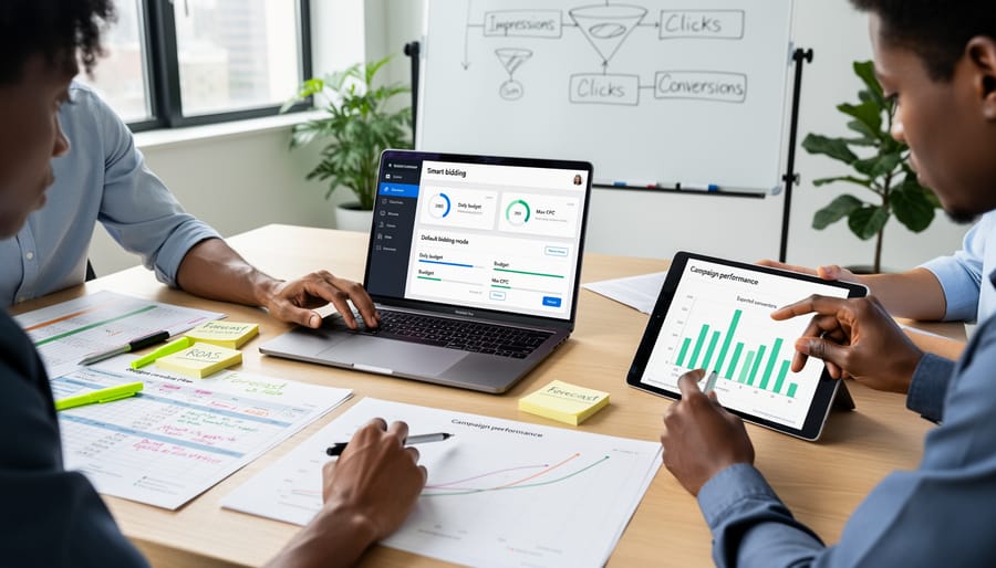 Business professional using a laptop at a desk to plan paid search marketing budgeting and decisions