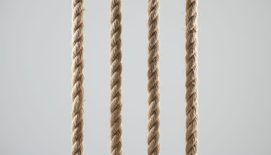 Four vertical ropes hanging side by side from a metal beam