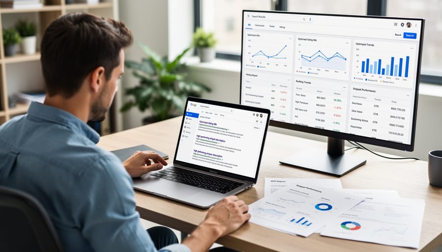 Marketer reviewing search results material while working on a laptop at a desk