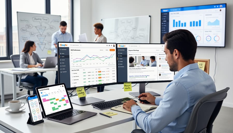 Marketing strategist using a laptop and smartphone in a modern office with blurred analytics lights in the background