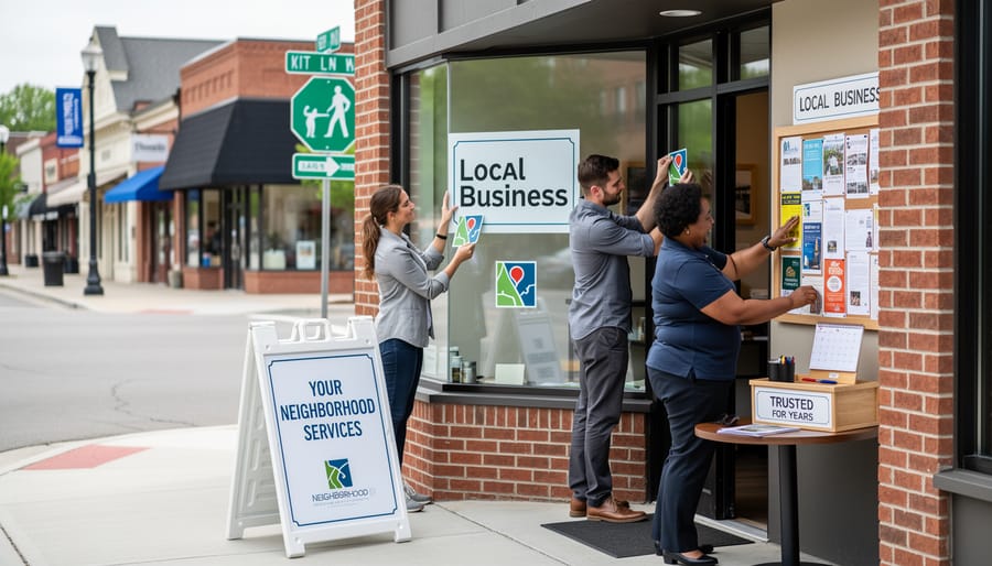 Storefront owner placing a reflective signpost in a window at golden hour to symbolize local SEO visibility