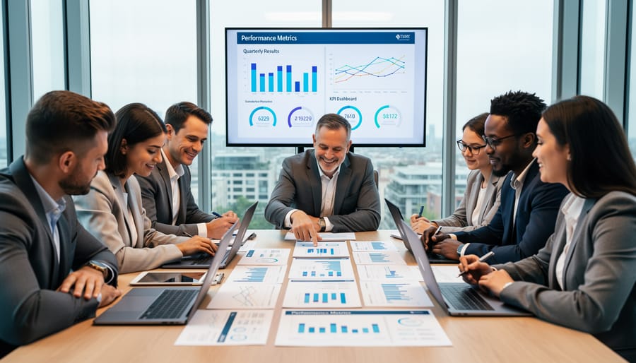 Team reviewing SEO performance information on a tablet during a meeting.