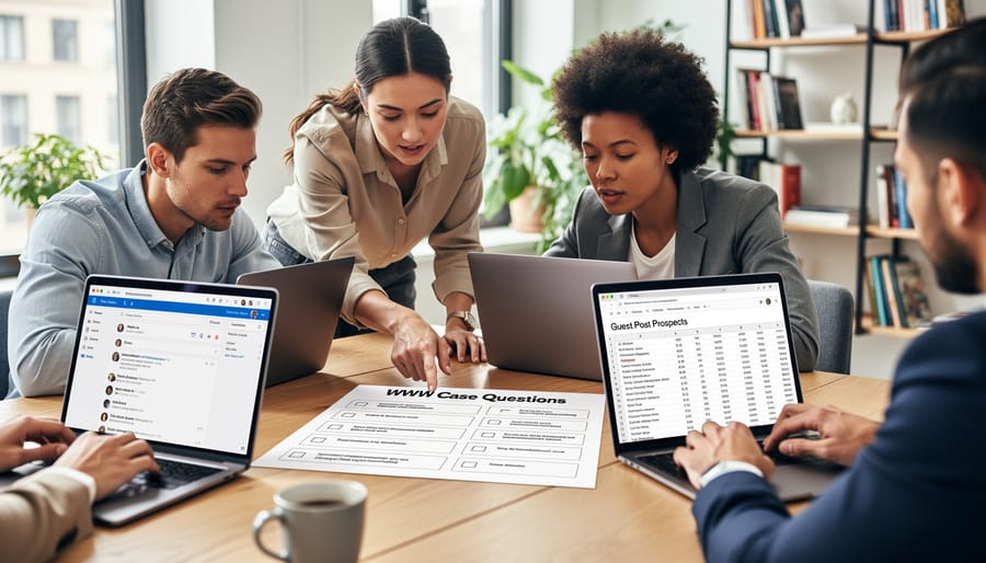 Two professionals reviewing documents and a checklist together on a desk in a modern office.