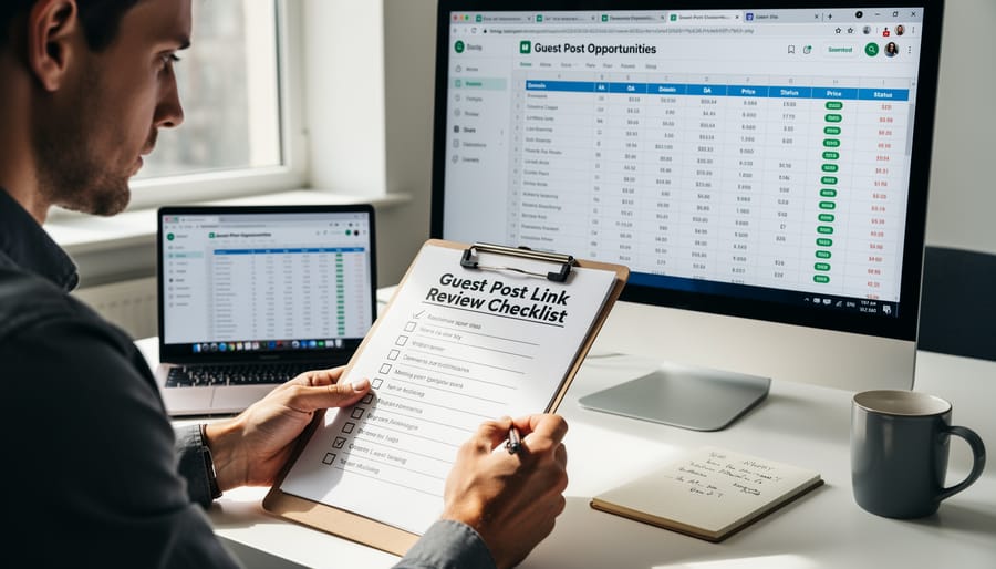 SEO analyst reviewing a checklist beside a computer monitor in a bright office