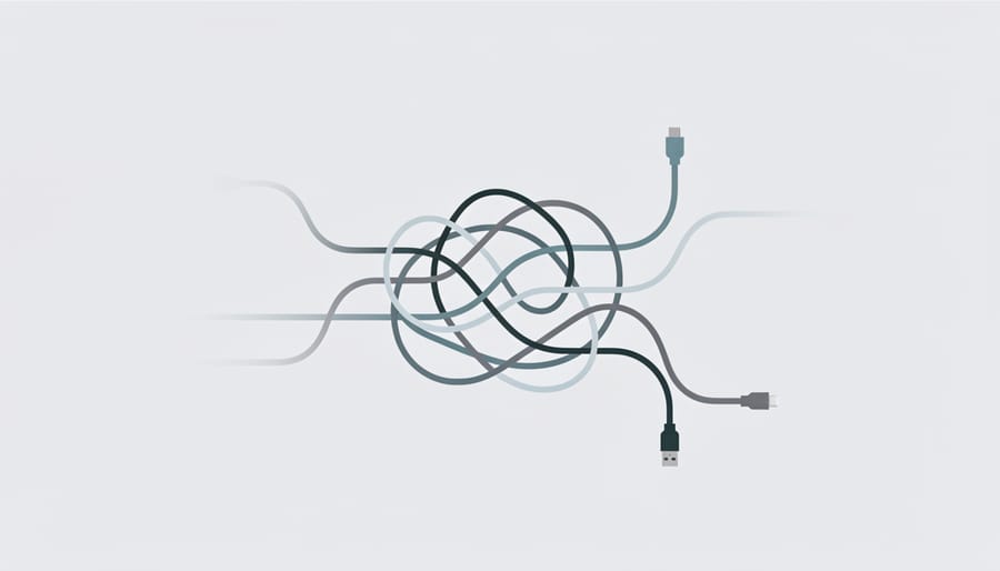 Tangled black cables forming a knot on a desk representing hidden network connections