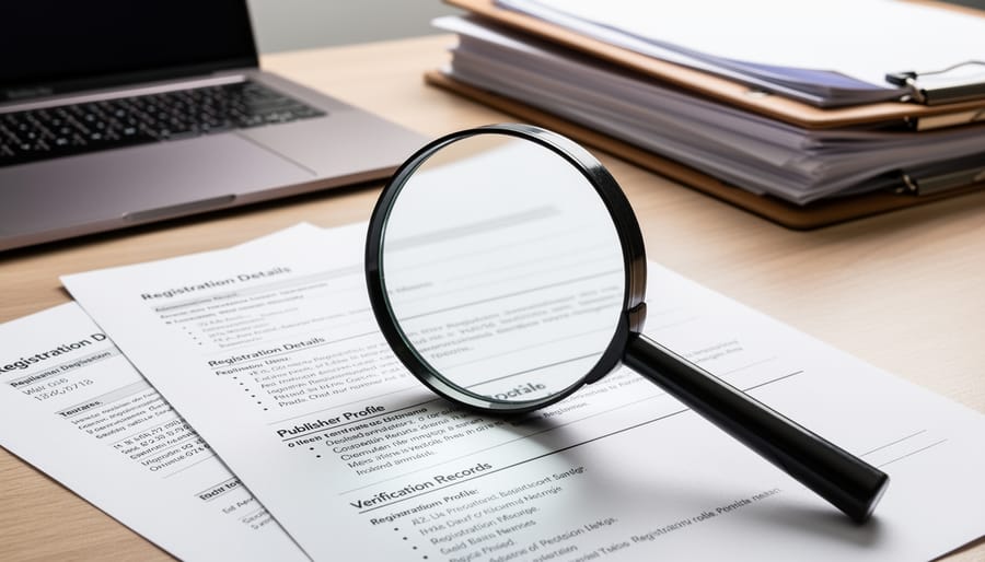 Magnifying glass over domain registration documents next to a laptop on a desk