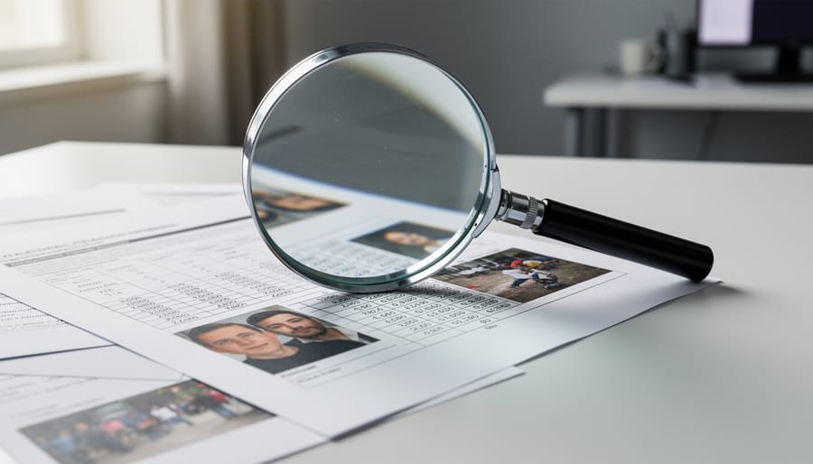 Magnifying glass examining old documents on a wooden desk