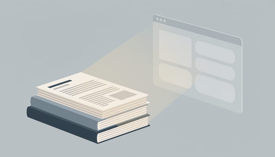 Desk covered with open reference papers and folders representing manual research sources