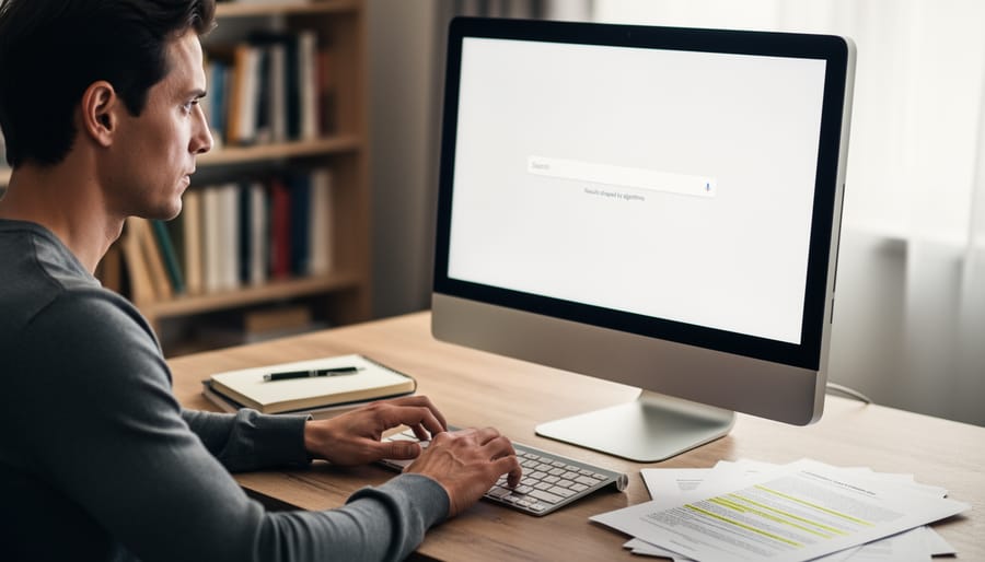 Person hovering a thumb over a phone search field in a home office with a laptop nearby