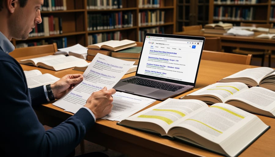 Wide view of a person reading in a quiet library with bookshelves in focus and a magnifying-glass icon sign