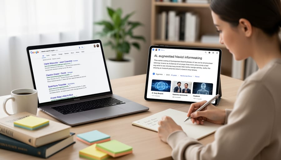 Person at a desk comparing search results on paper and a smartphone without readable text